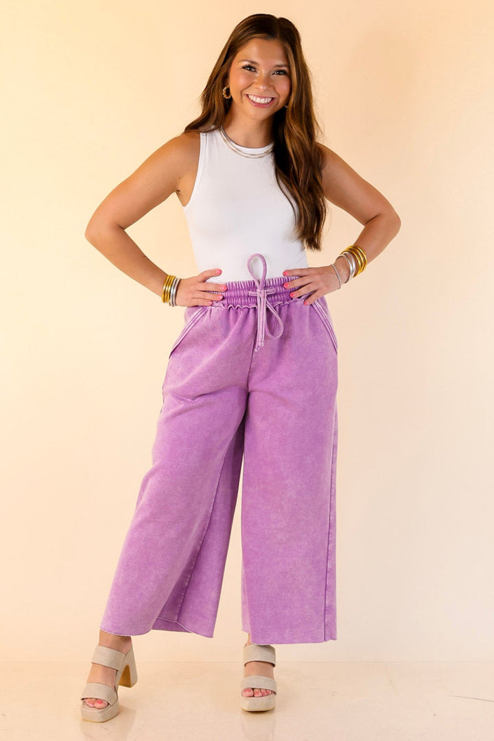 Cozy Girl Cropped Acid Washed Drawstring Pant in Violet Magenta