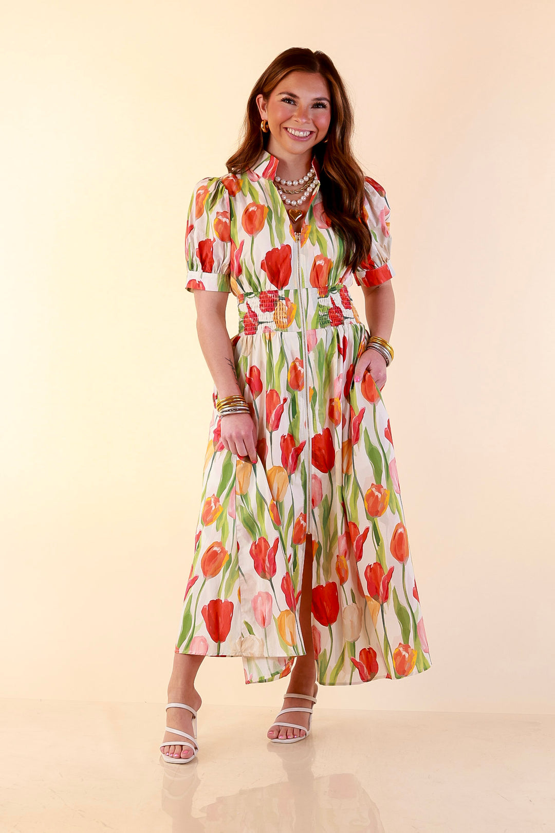 Modern Charm Zip Front Midi Tulip Print Dress with Smocked Waist and Short Sleeves in Cream