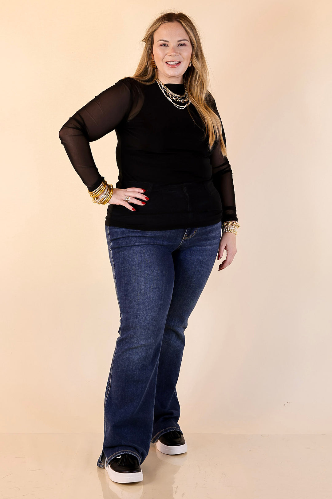 Sheer Confidence Solid Mesh Long Sleeve Top in Black