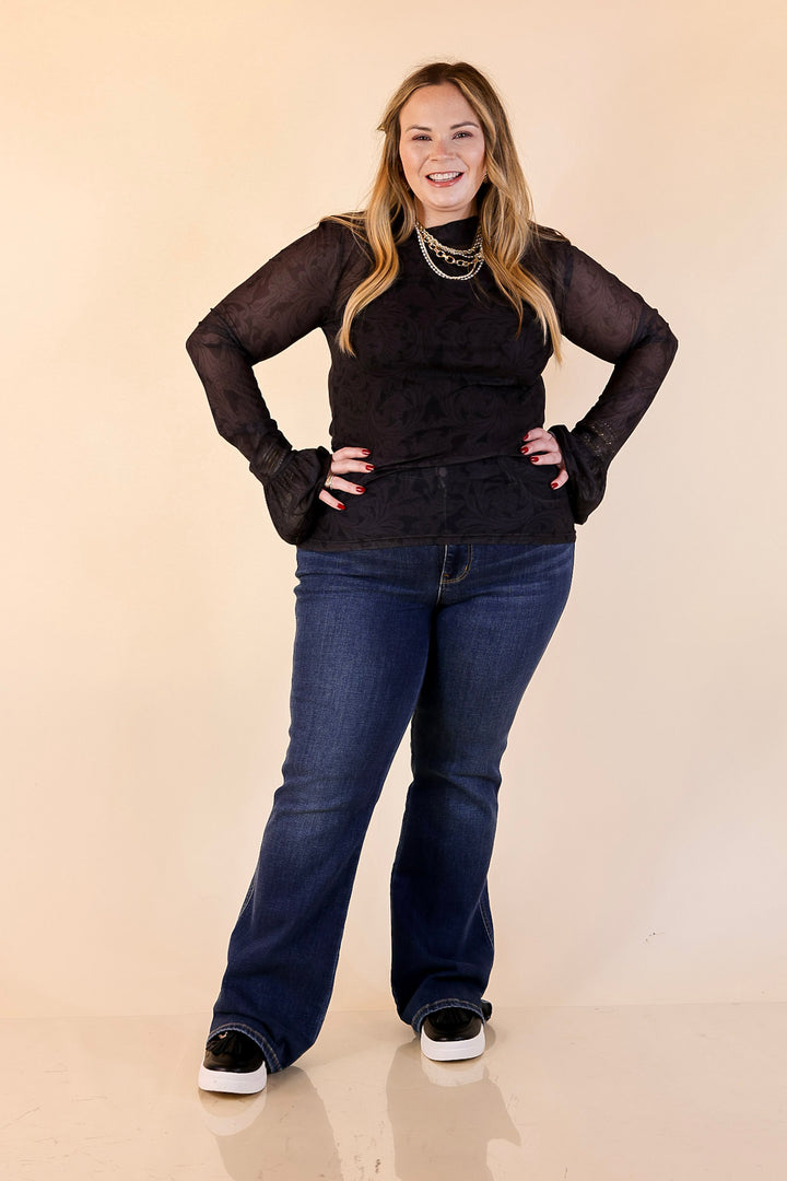 Sheer and Sophisticated Tooled Print Long Sleeve Mesh Top with Ruffle Sleeves in Black