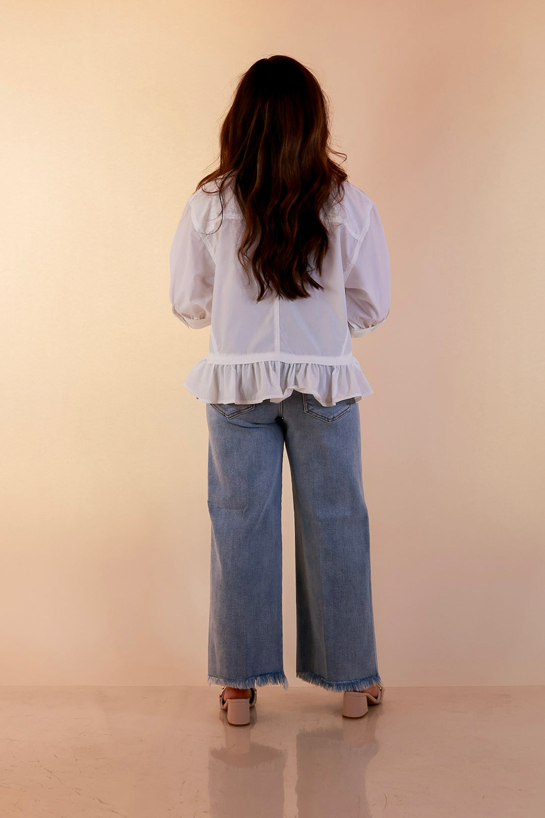 Style Agenda Solid Button Down Peplum Top in White