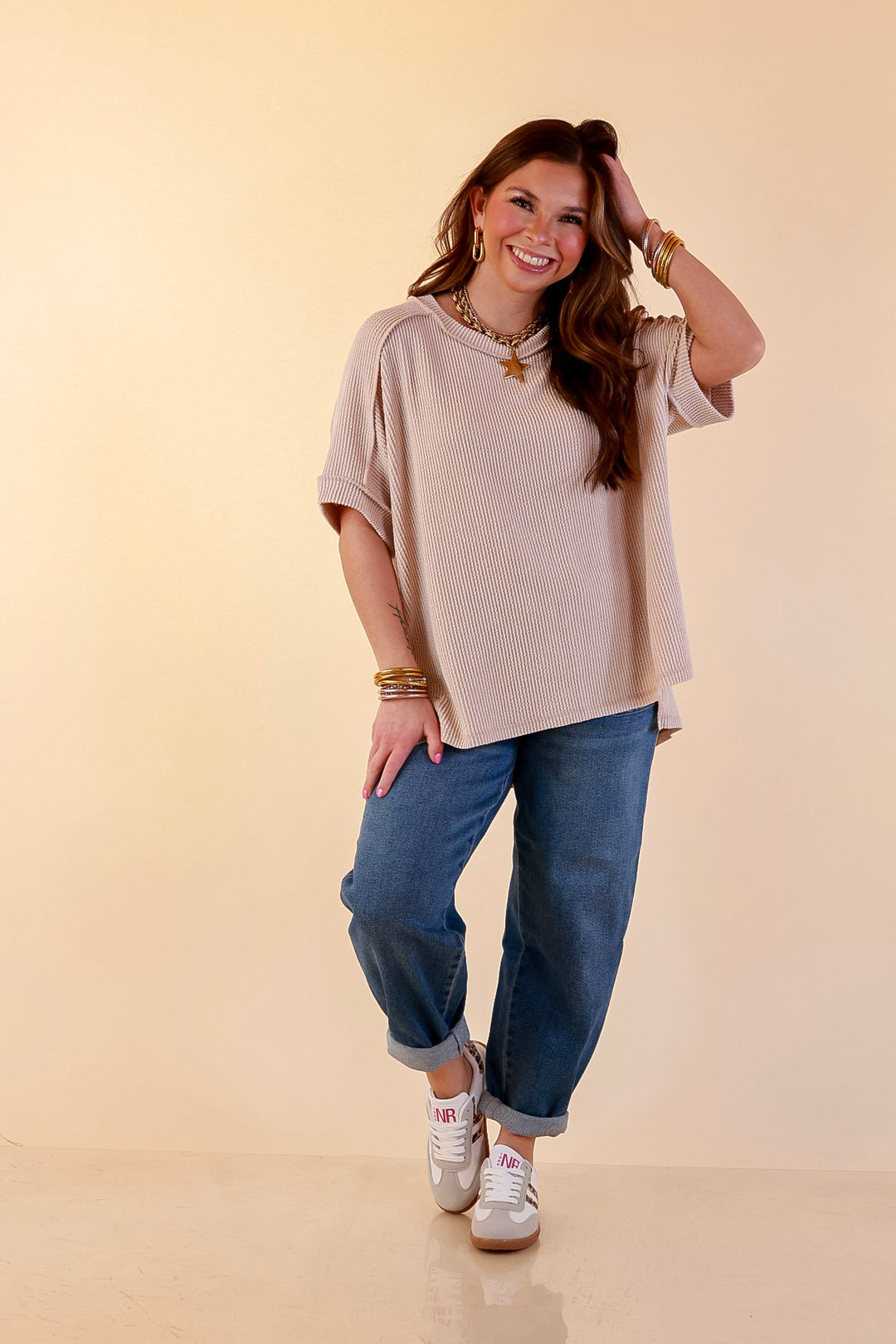 Daily Perfection Scoop Neck Short Sleeve Ribbed Top in Beige