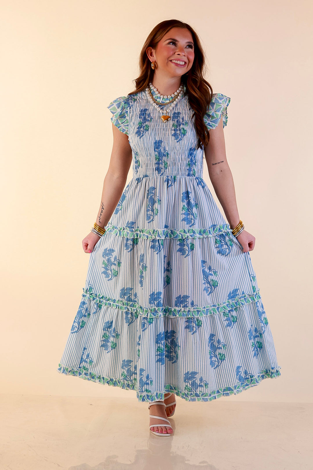 Mud Pie | Graceful Charm Smocked Floral and Stripe Print Tiered Midi Dress with Ruffle Sleeves in Blue