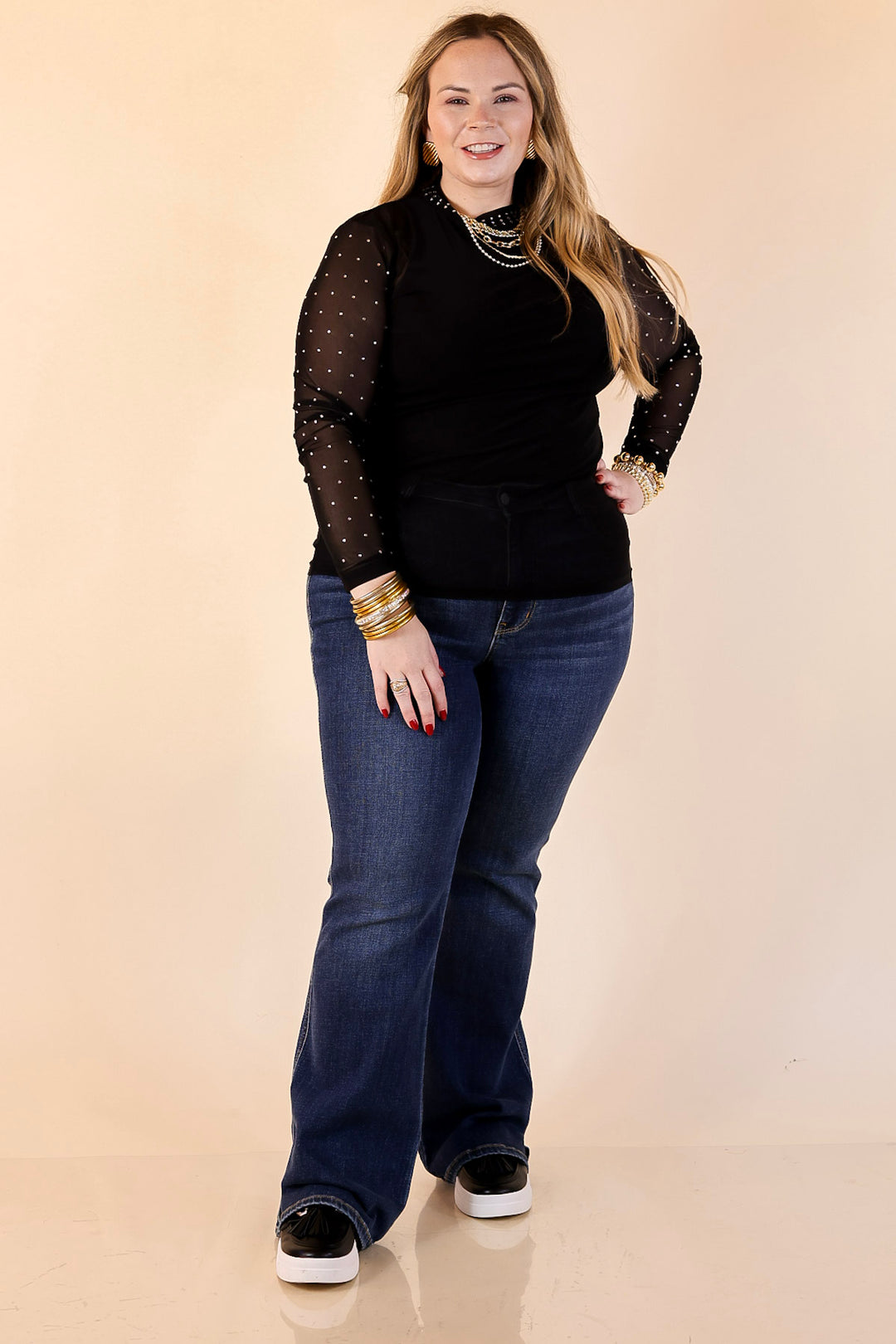 Sheer Confidence Solid Mesh Long Sleeve Top with Rhinestone Detailing in Black