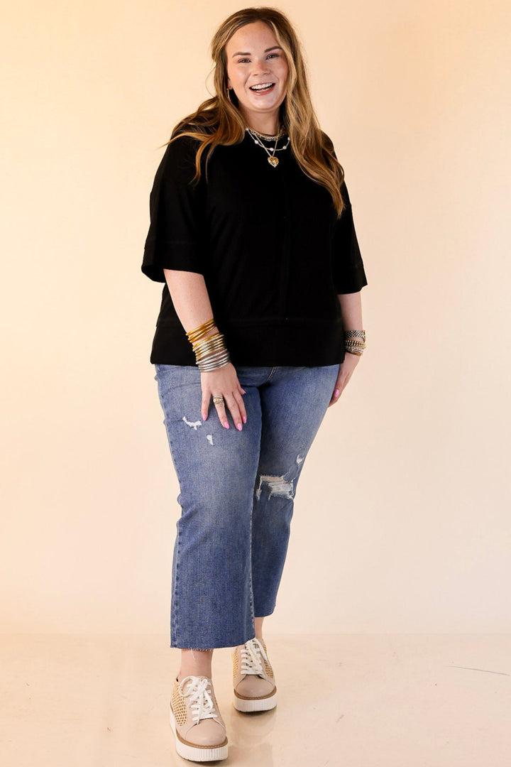 Subtle Spark Crew Neck Short Sleeve Shirt with Seam Detailing in Black