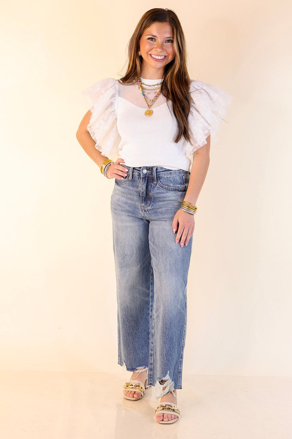 Easy to Love Top with Ruffle Cap Sleeves in White