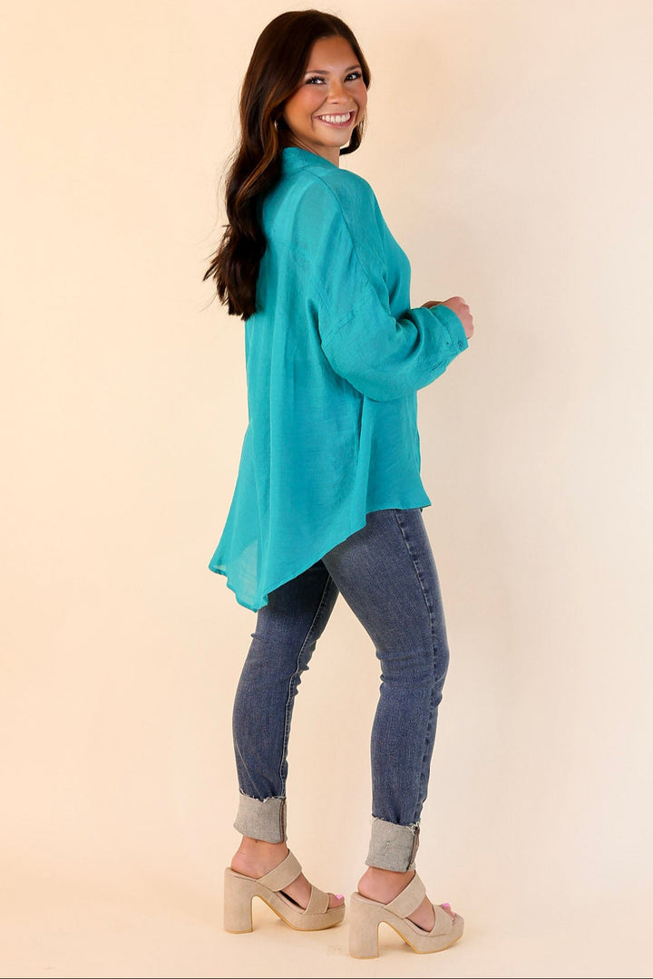 Look on the Bright Side Button Up Long Sleeve in Turquoise Blue