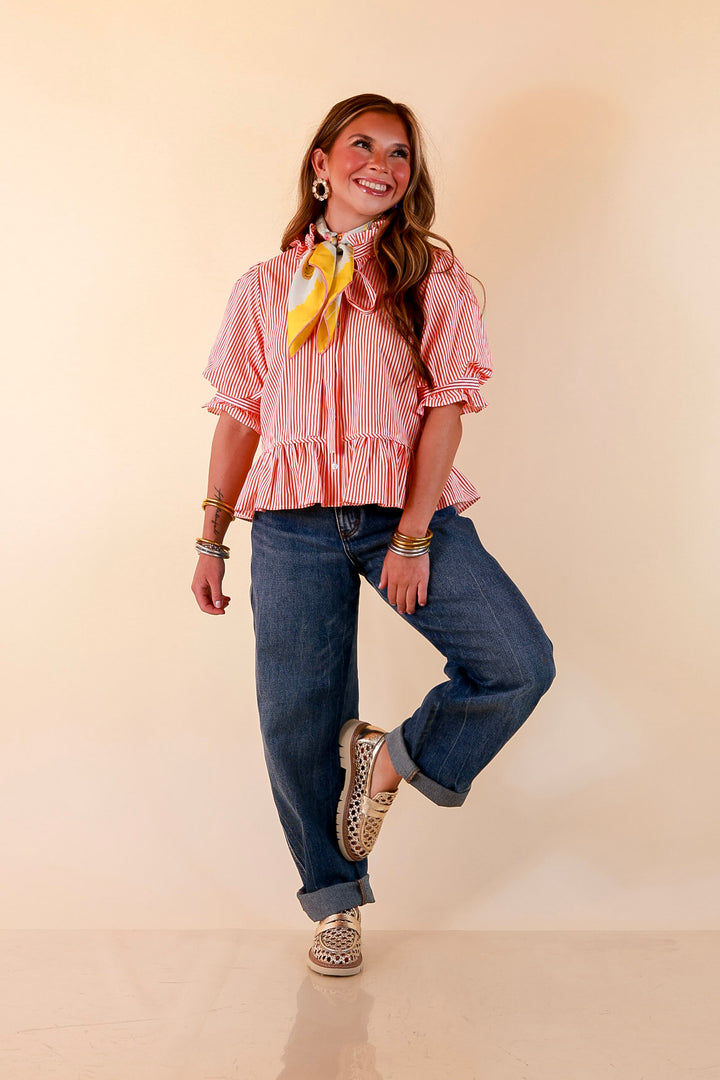 Tea Time Charm Tie Neck Puff Sleeve Peplum Button Front Stripe Blouse in Orange