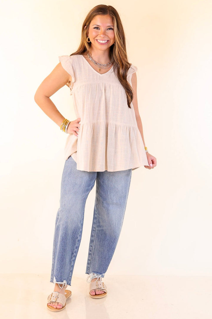 Stay Wonderful Solid Tiered Top with Ruffle Cap Sleeves in Natural