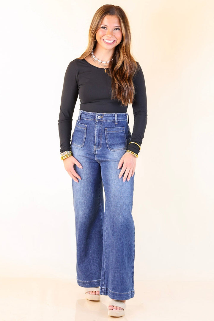 Patch Me In Denim Wide Leg Jean with Front Patch Pocket in Dark Wash