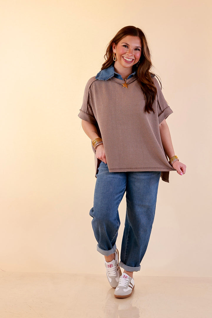 Daily Perfection Scoop Neck Short Sleeve Ribbed Top in Dark Mocha Brown