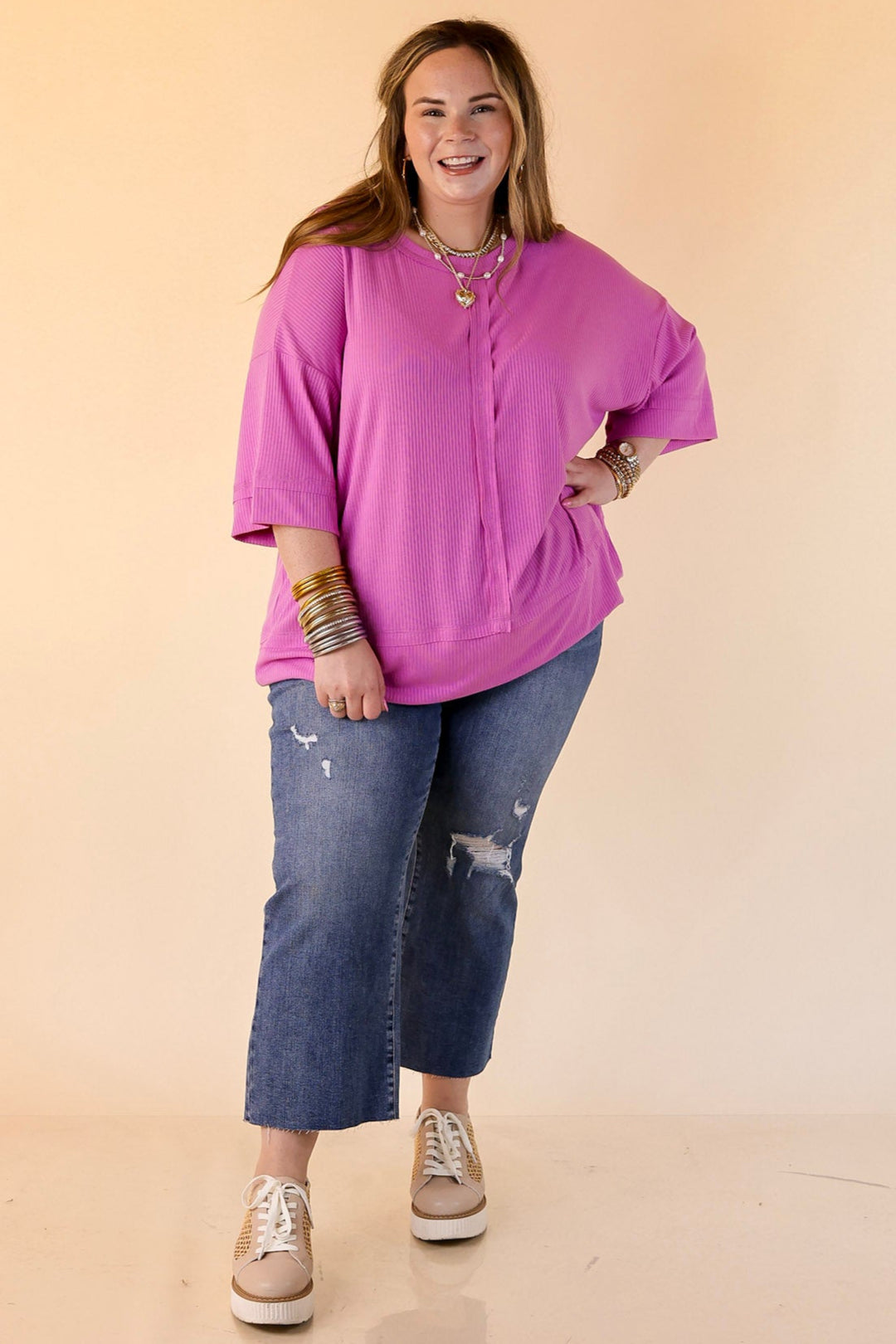 Subtle Spark Crew Neck Short Sleeve Shirt with Seam Detailing in Mauve