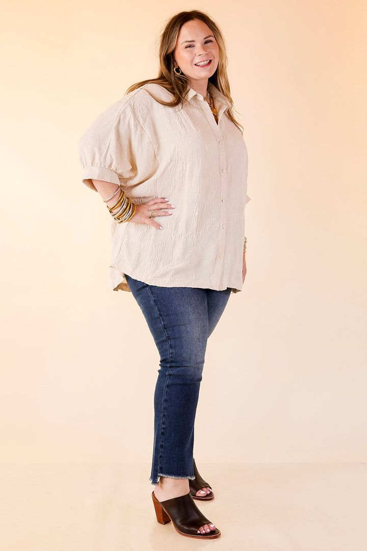 Flirty in Floral Textured Floral Print Button Up Collared Blouse in Cream