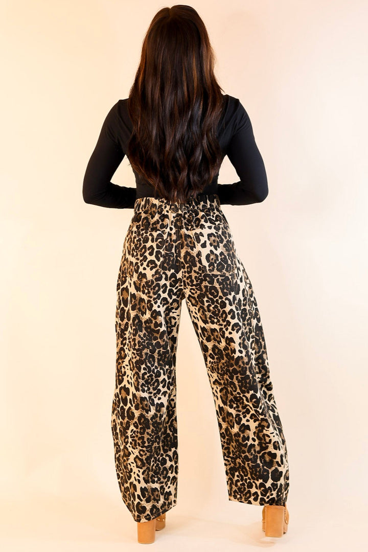 Run Wild Wide Leg Barrel Denim Jean in Leopard Print
