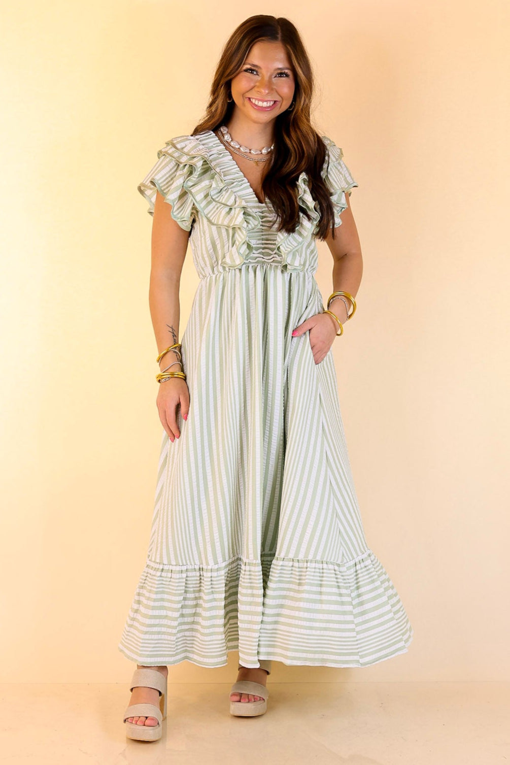 Oh So Sweet V-Neck Striped Maxi Dress in Sage Green