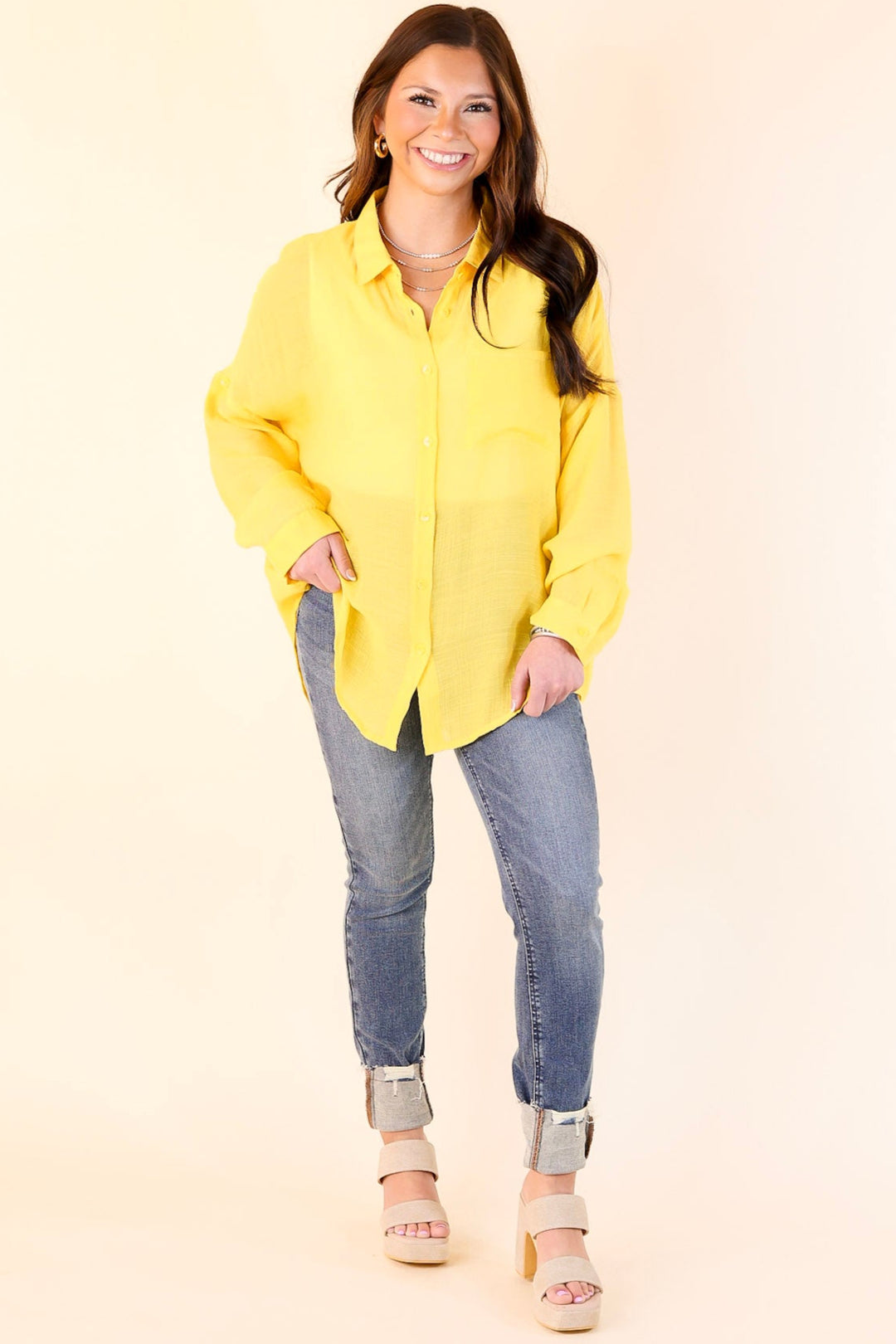 Look on the Bright Side Button Up Long Sleeve in Lemon Yellow
