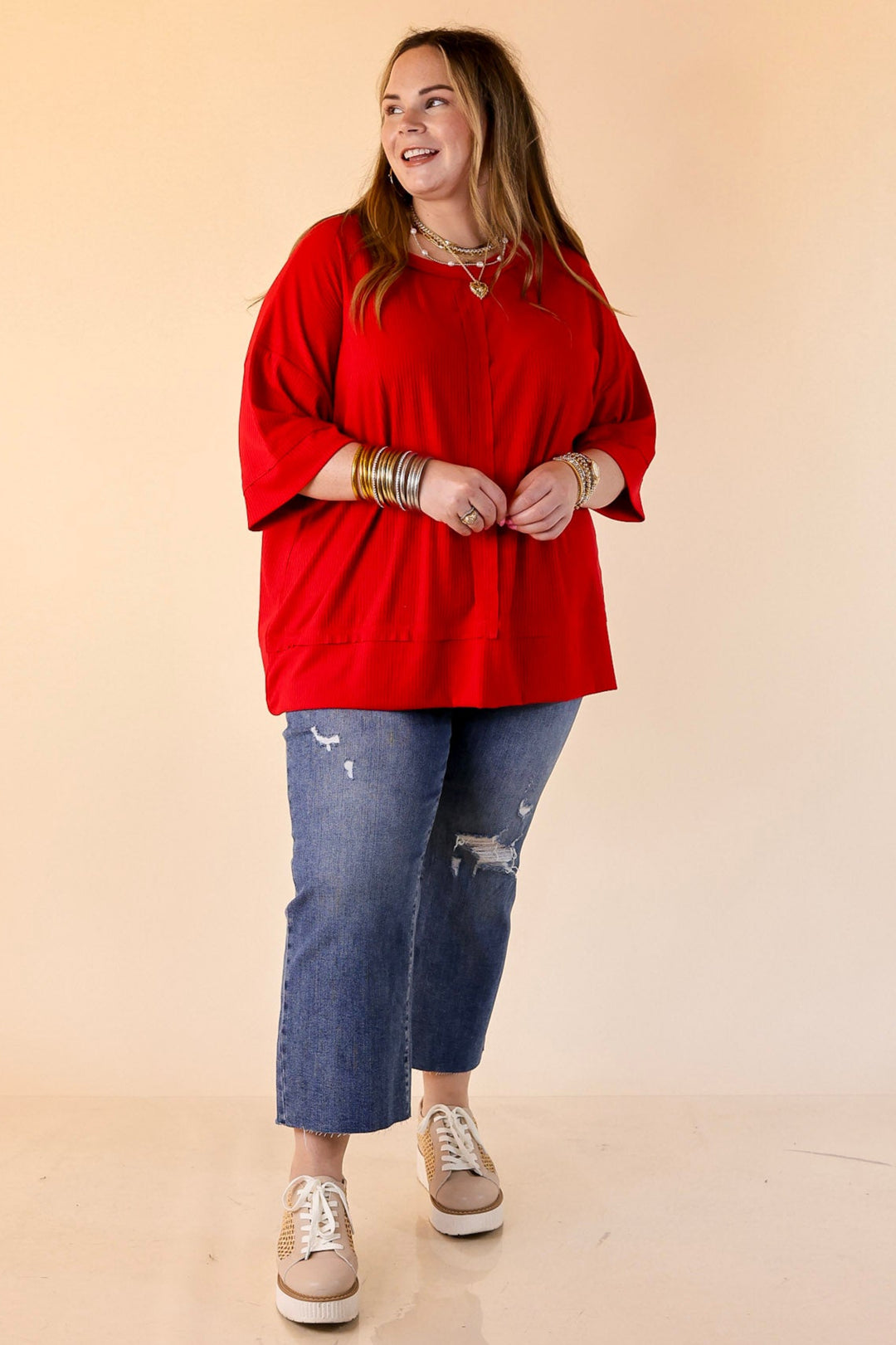 Subtle Spark Crew Neck Short Sleeve Shirt with Seam Detailing in Red