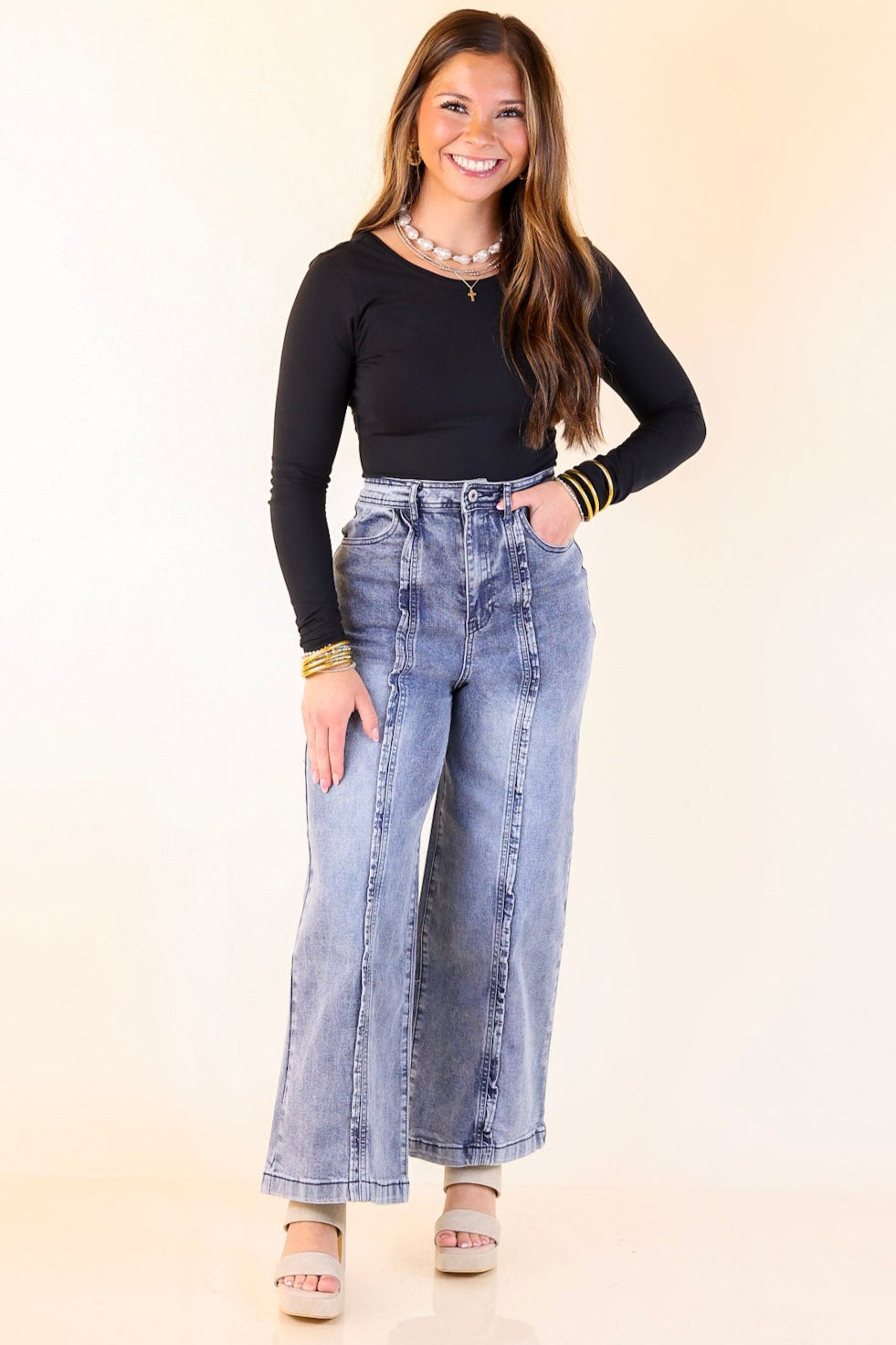 Ripple & Roll Denim Wide Leg Jean with Ruffled Front Seam in Acid Wash