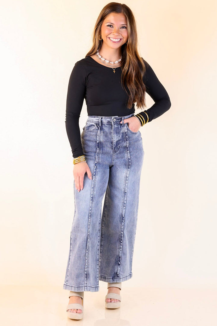 Ripple & Roll Denim Wide Leg Jean with Ruffled Front Seam in Acid Wash