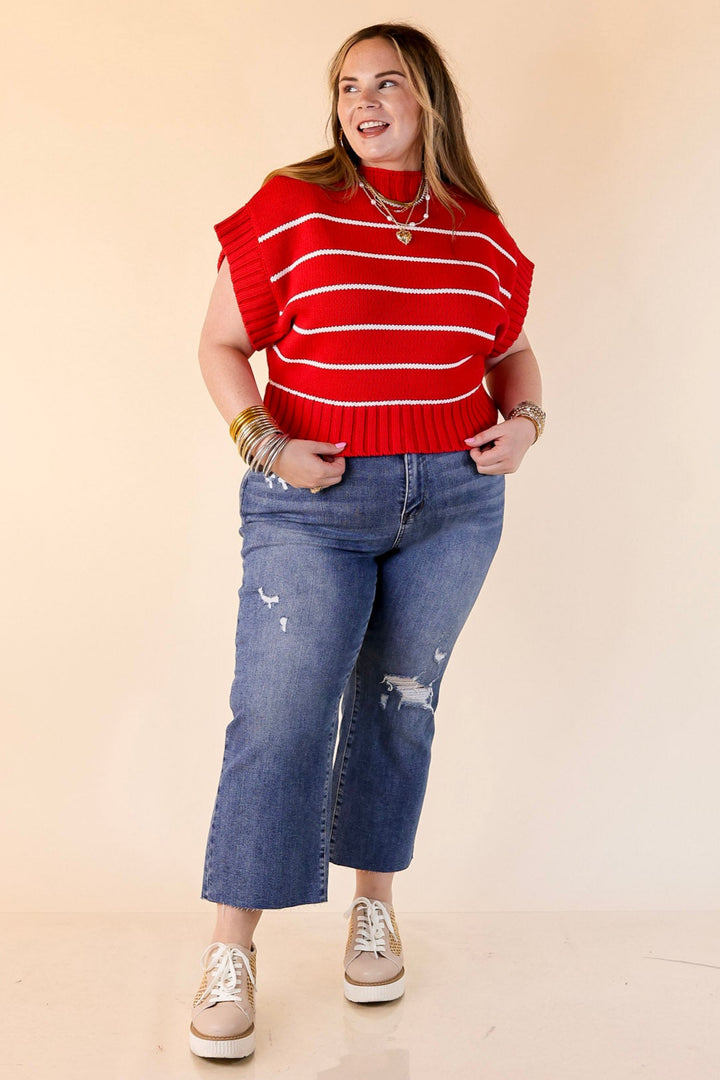 Sweet in Stripes Short Sleeve Striped Mock Neck Sweater in Red
