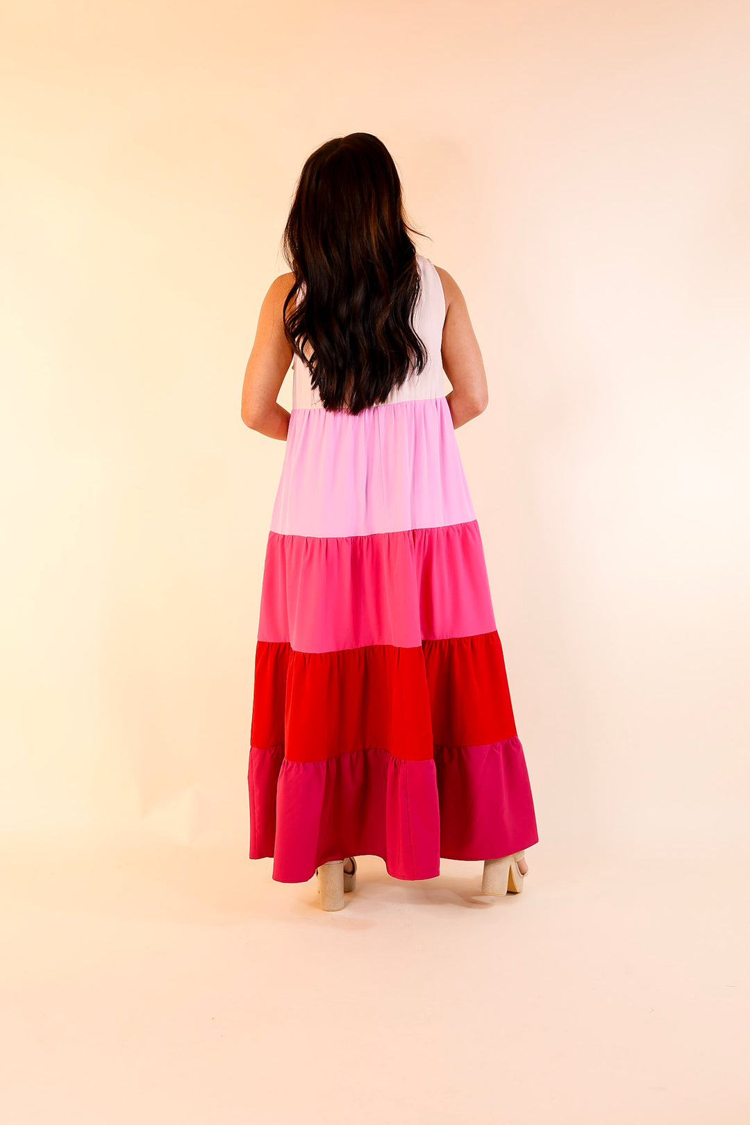 Calm Waters High Neck Tiered Maxi Dress in Pink Mix