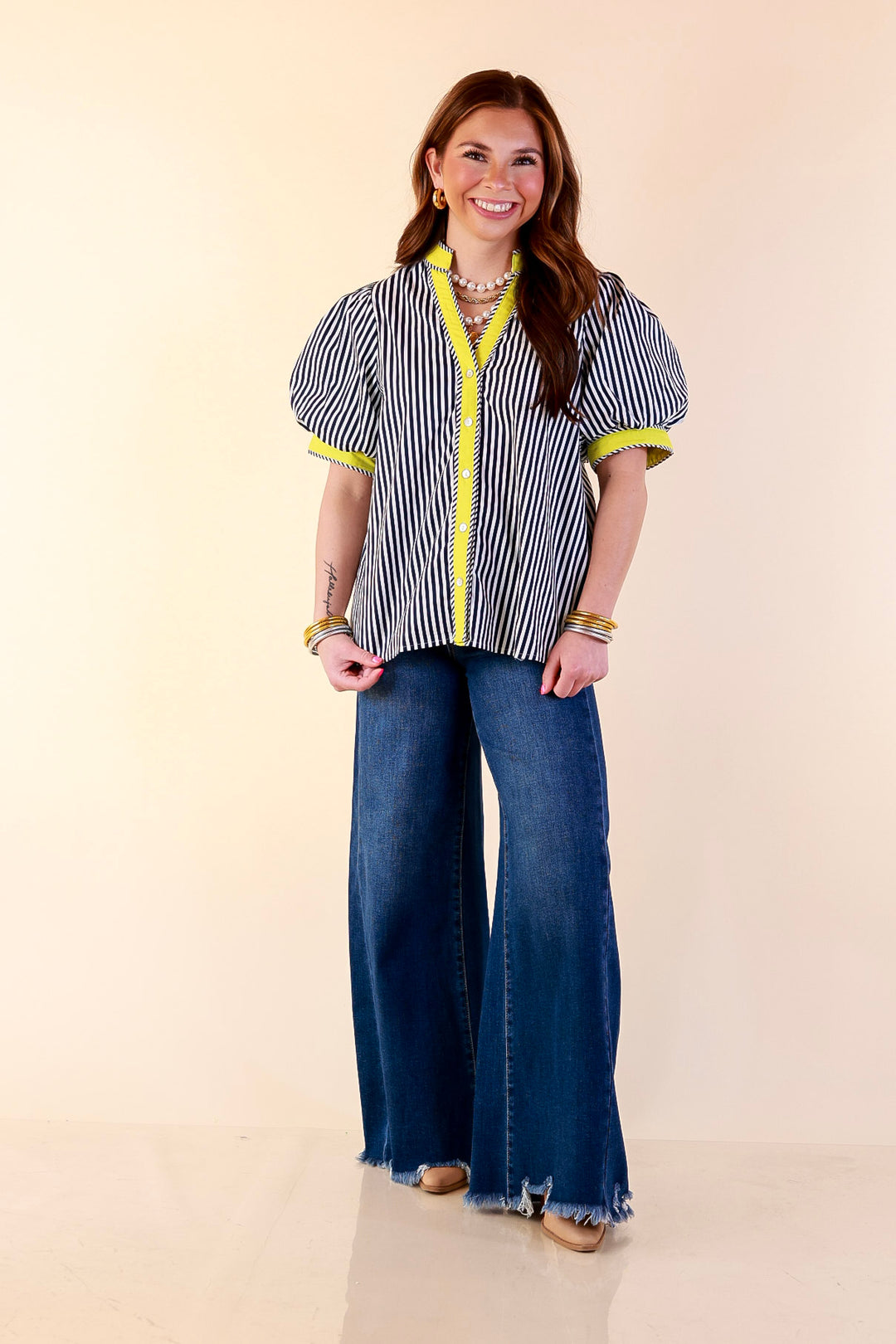 Pop of Polish Short Puff Sleeve Button Front Top with Contrast Trim in Navy Blue, White and Lime