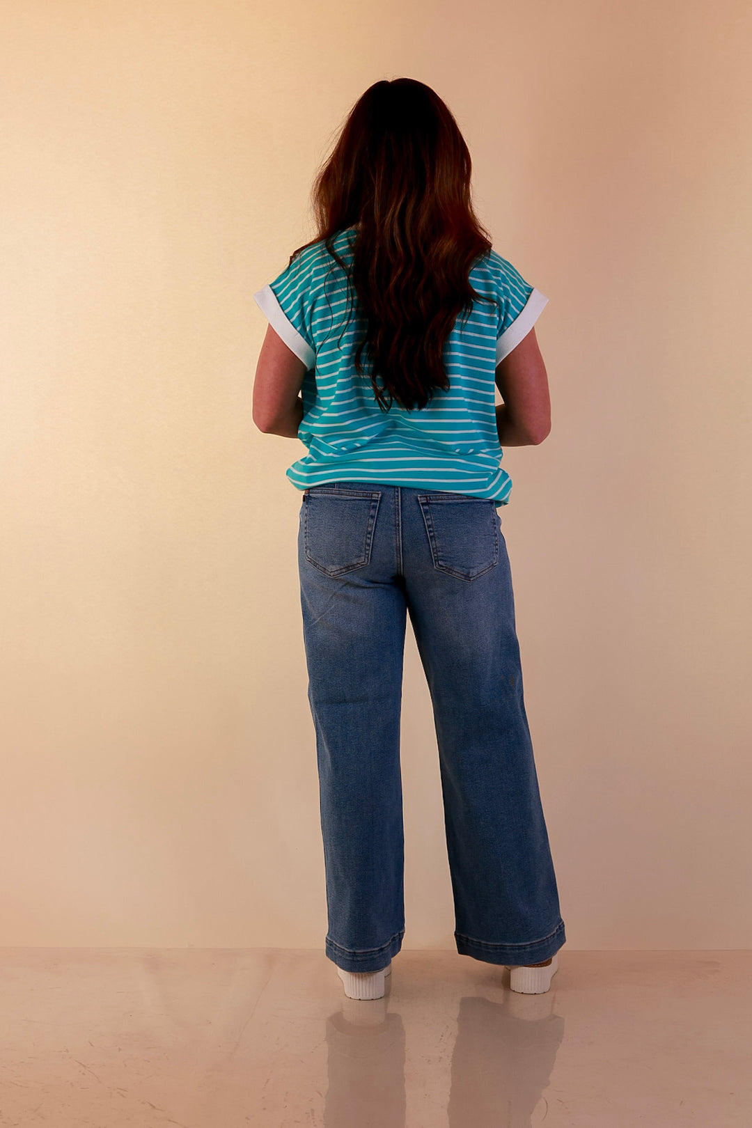 Right on Repeat Scoop Neck Cap Sleeve with Contrast Trim Striped Tee Top in Turquoise Blue