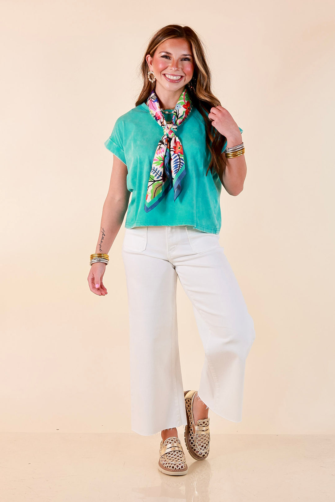 Easy Chic Mineral Washed Short Sleeve Cropped Tee in Turquoise Blue