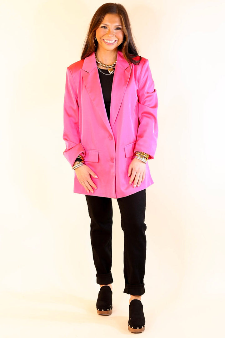 Touch Of Luxury Long Sleeve Satin Blazer in Hot Pink