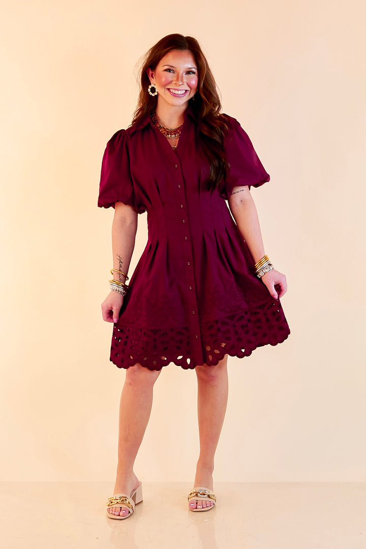 Plans to Impress Button Up Collared Eyelet Lace Trim Dress with Puff Sleeves in Maroon