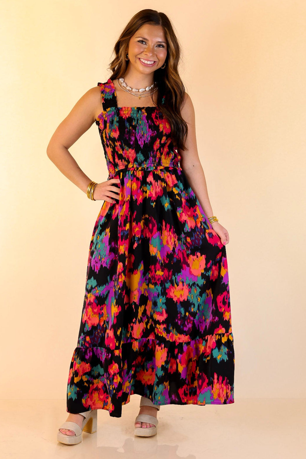 My Night Out Smocked Bodice Dress with Multicolor Abstract Print in Black