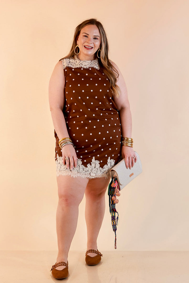 Lovely Little Details Polka Dot Lace Trim Sleeveless Shift Dress in Chocolate Brown and Ivory