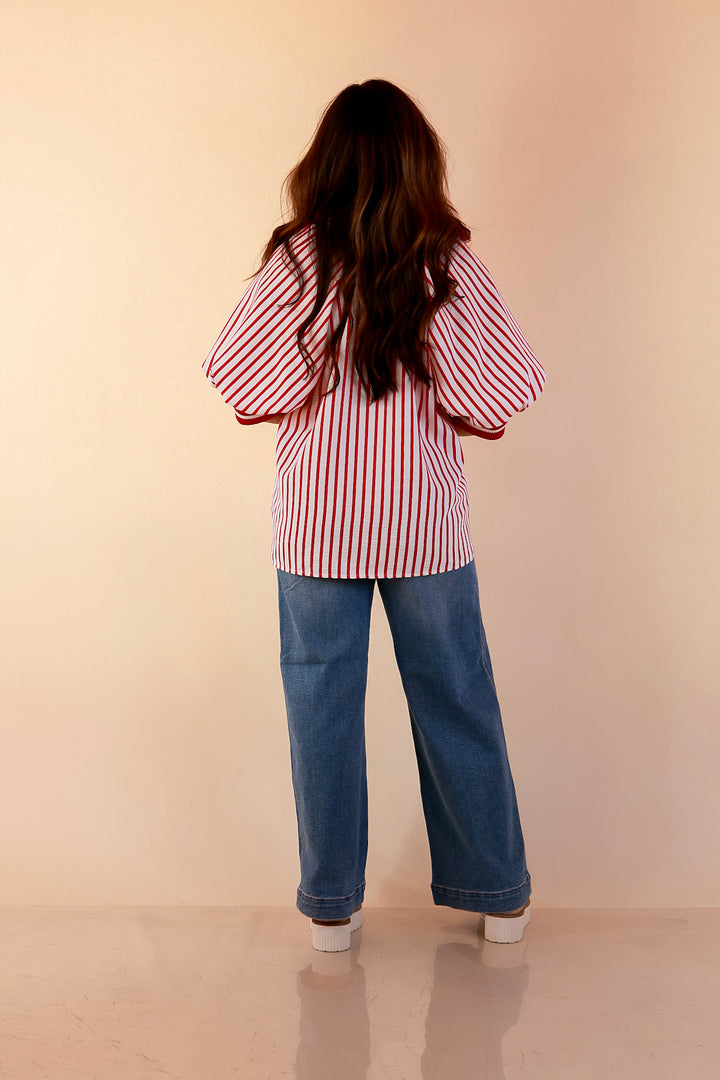 Bold Instincts Striped Print Half Zip Top with Puff Sleeves in Red and Ivory