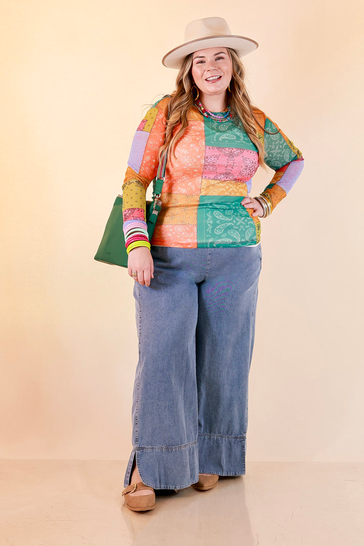Western Dream Patchwork Paisley Bandana Print Sheer Mesh Long Sleeve Top in Multicolor