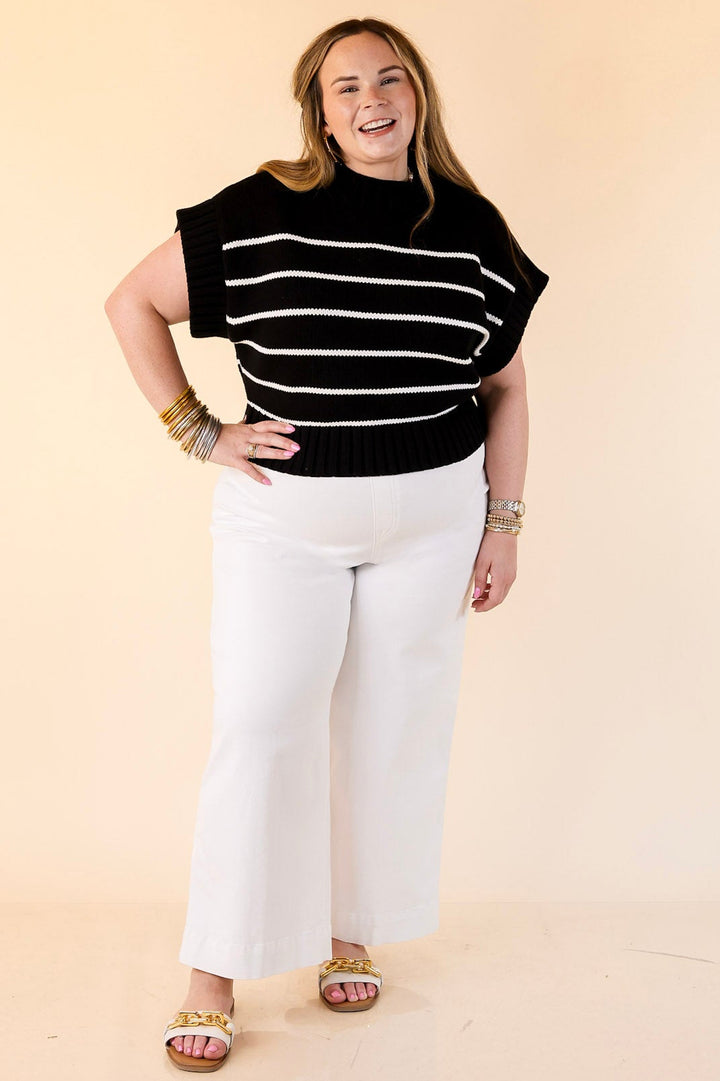 Sweet in Stripes Short Sleeve Striped Mock Neck Sweater in Black