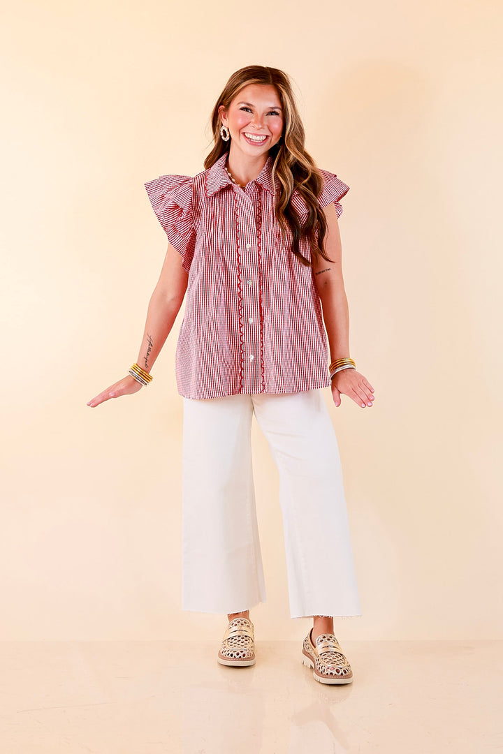 Front Porch Favorite Ruffle Sleeve Button Front Gingham Blouse with Scallop Trim in Dark Crimson Red