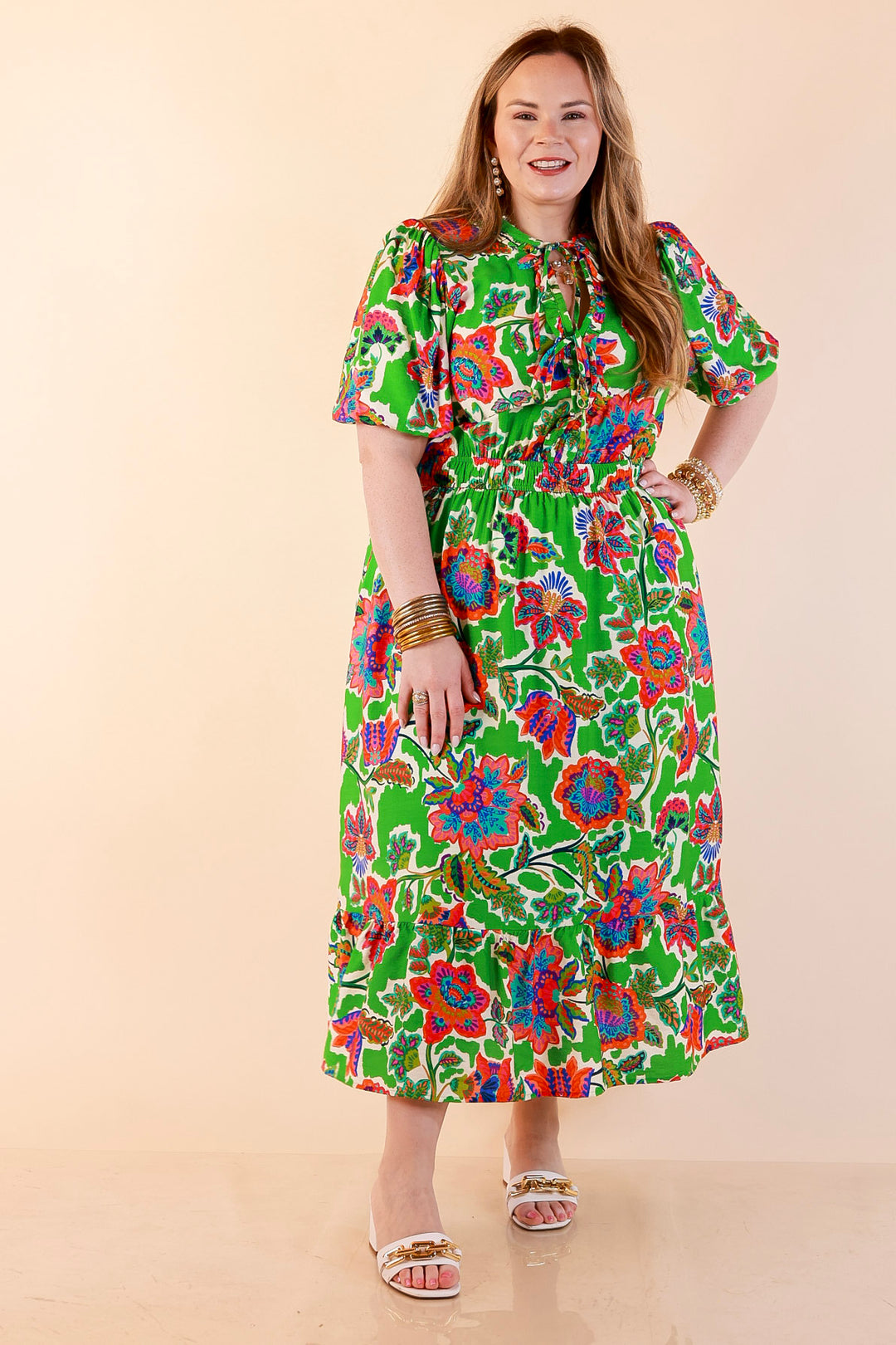 Color Me Happy Floral Print Midi Dress with Tie Neckline and Puff Sleeves in Green