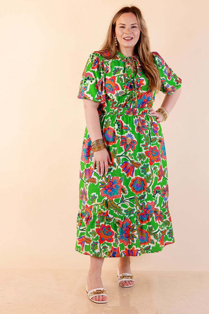 Color Me Happy Floral Print Midi Dress with Tie Neckline and Puff Sleeves in Green