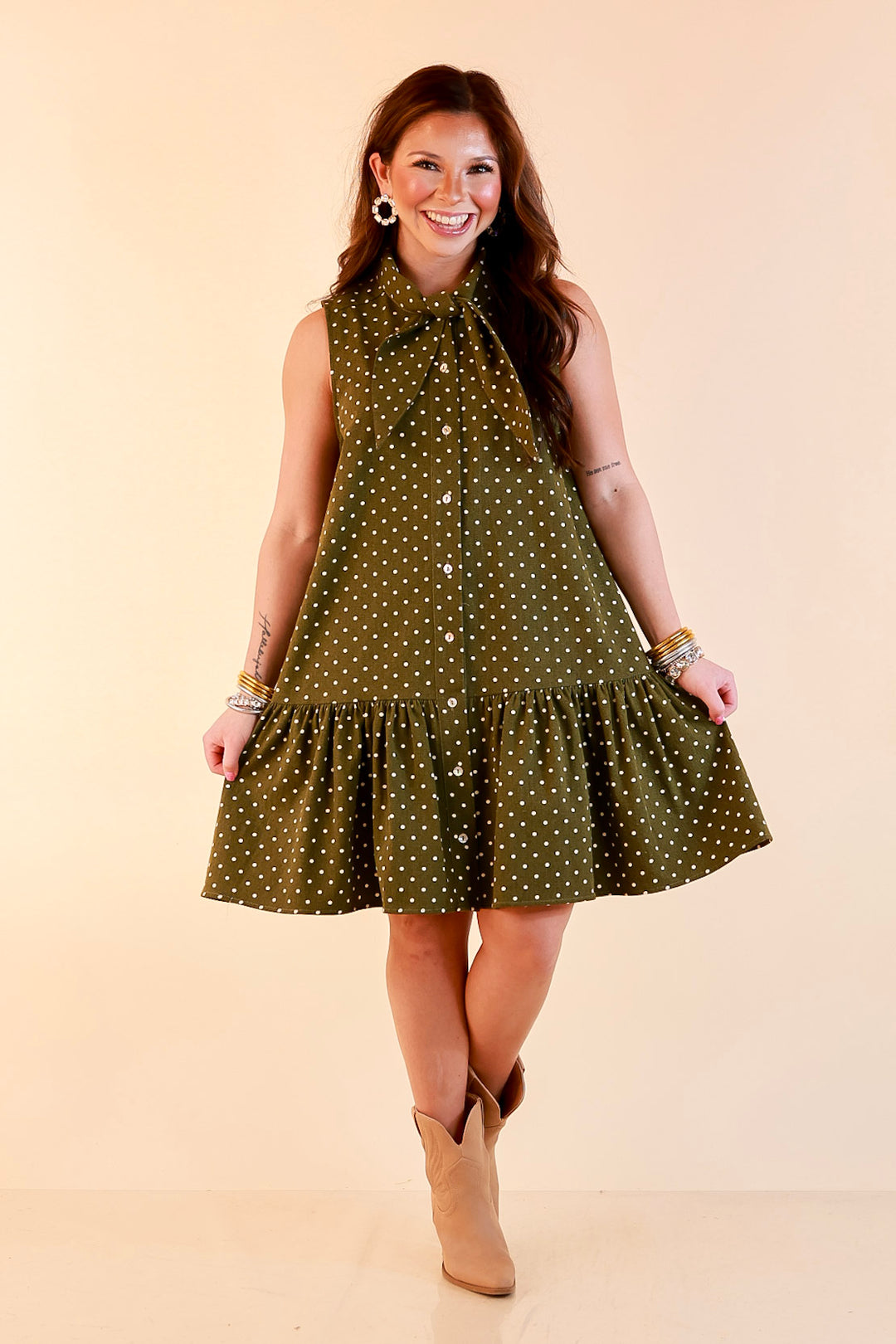 Sweet Spot Denim Polka Dot Bow Neck Tie Button Front Drop Waist Dress in Olive Green