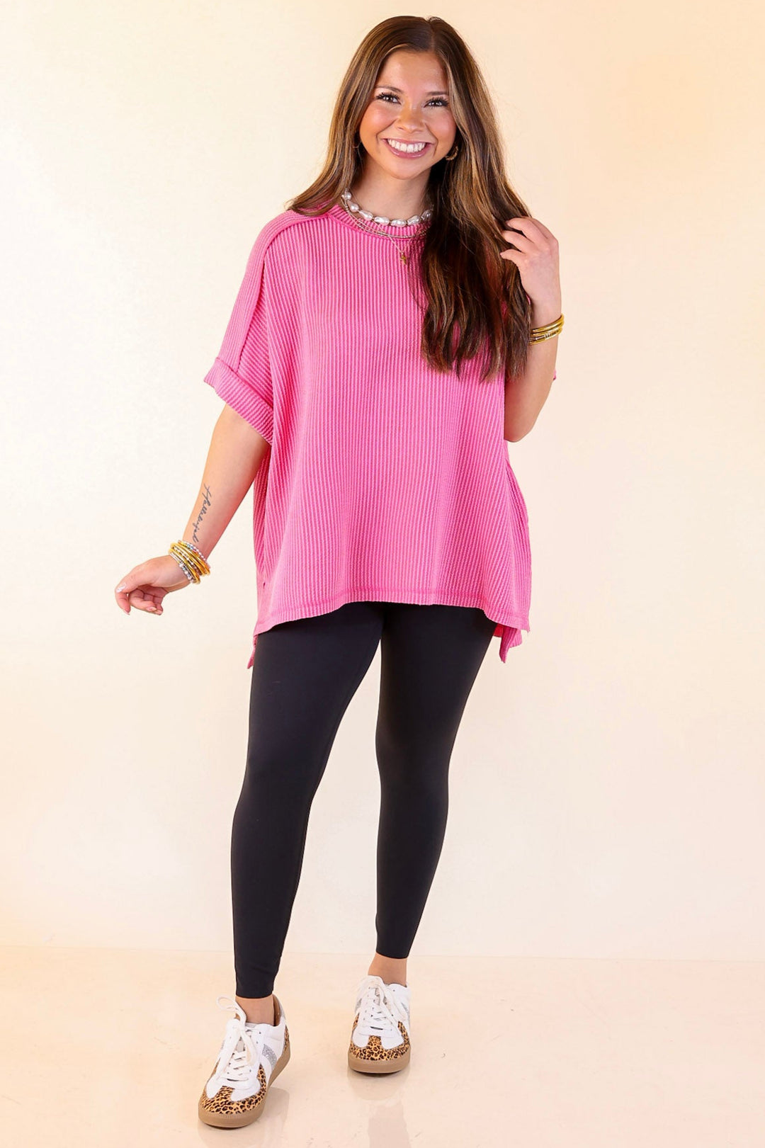 Daily Perfection Scoop Neck Short Sleeve Ribbed Top in Candy Pink