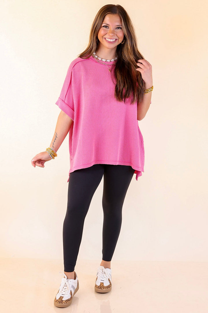 Daily Perfection Scoop Neck Short Sleeve Ribbed Top in Candy Pink