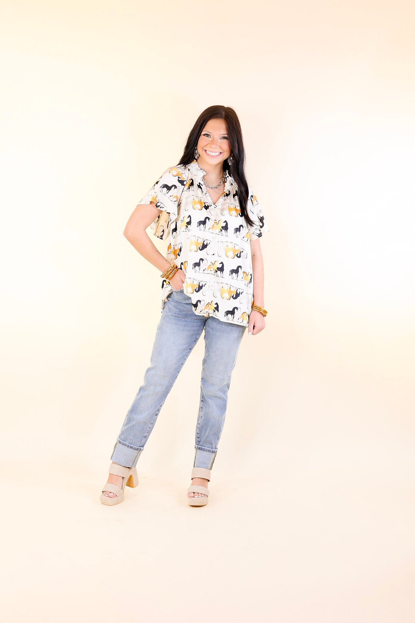 Away We Go Button Up Horse Print Shirt in Ivory