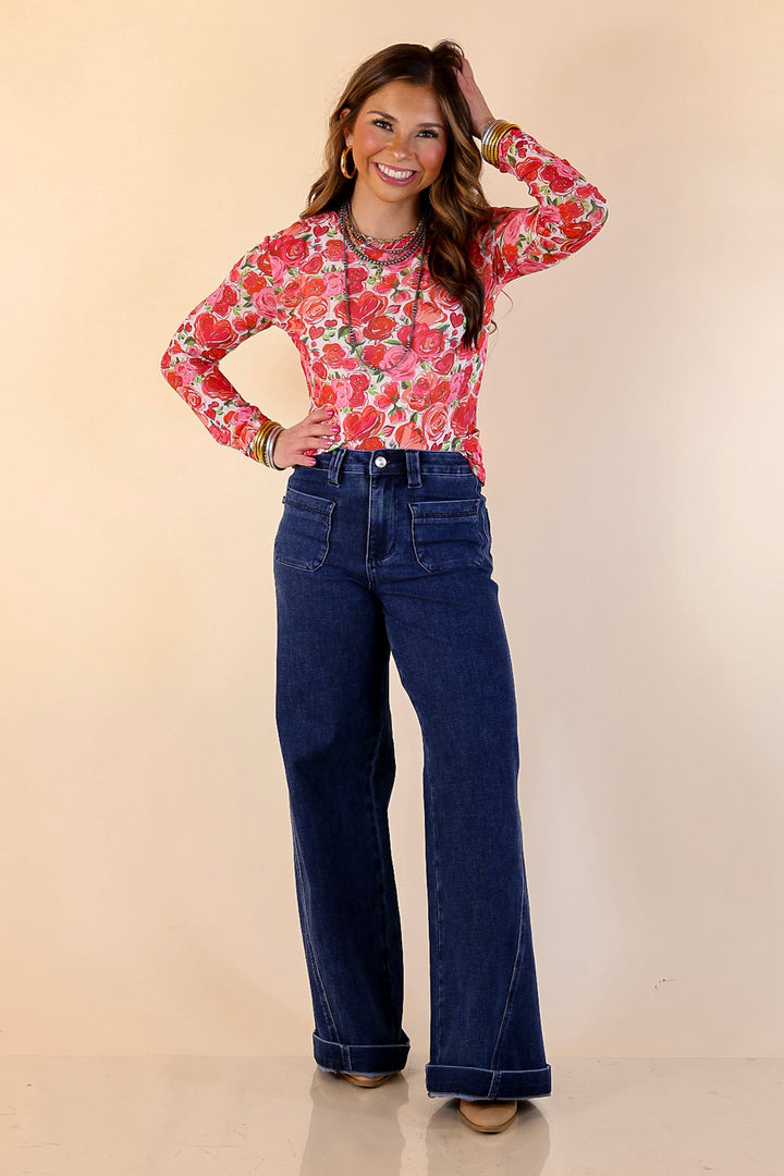 The Perfect Layer Colorful Floral and Hearts Print Mesh Long Sleeve Top in White