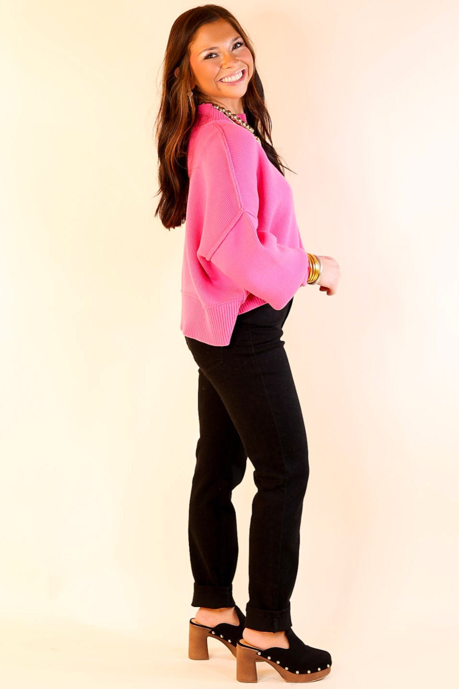Fireside Fit Cropped Long Sleeve Mock Neck Sweater in Fuchsia Pink