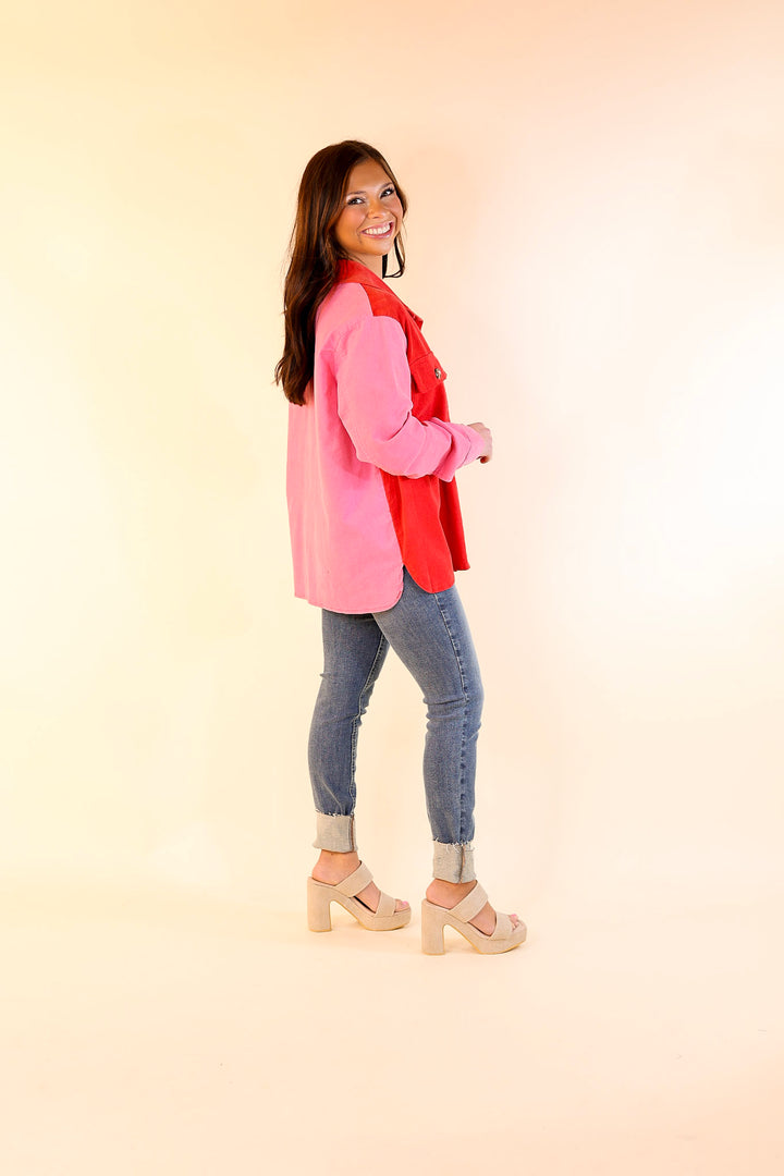 Kind Smiles Button Up Corduroy Color Block Shacket in Red and Pink