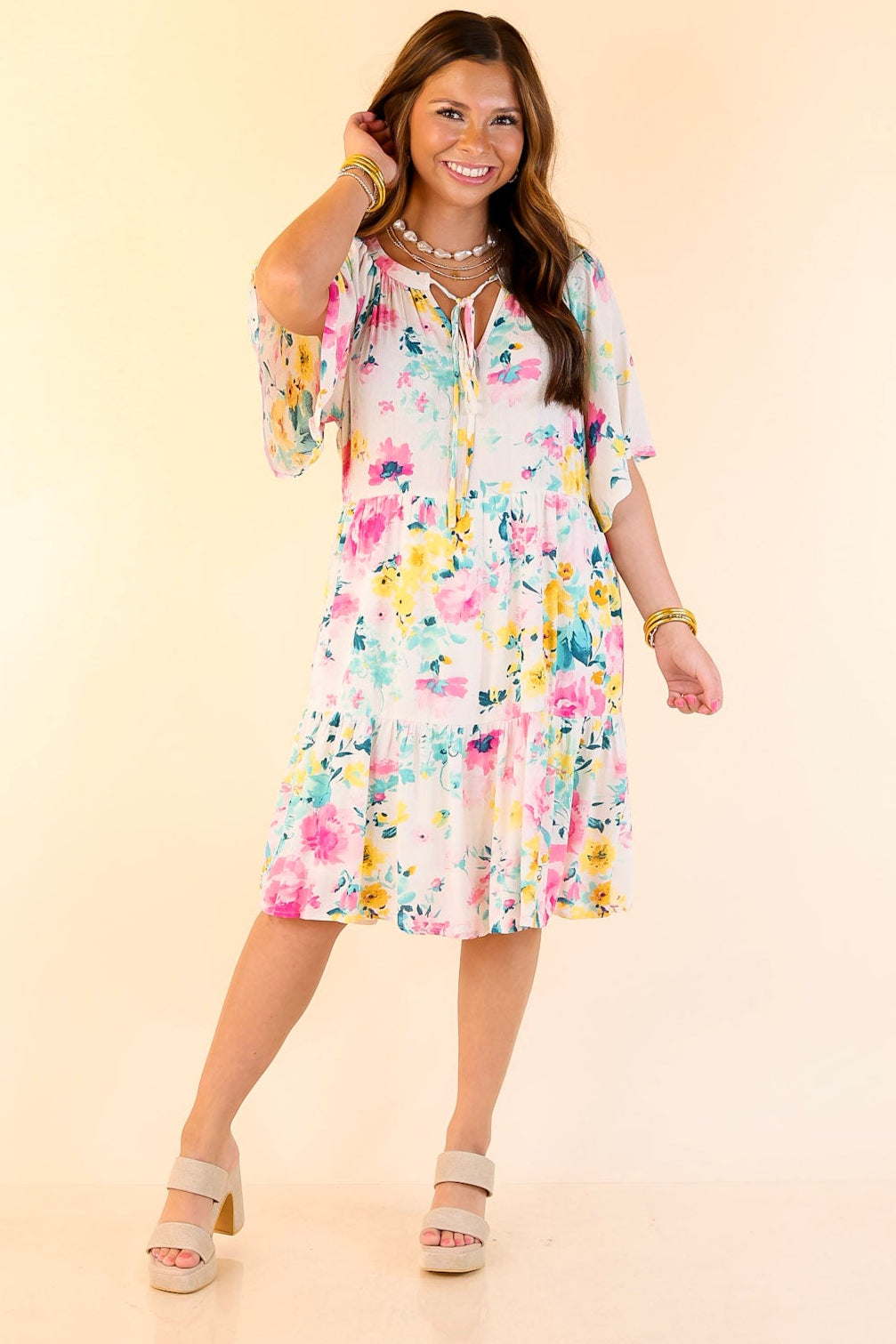 Piece Of Paradise Tiered Floral Dress with Keyhole in Ivory