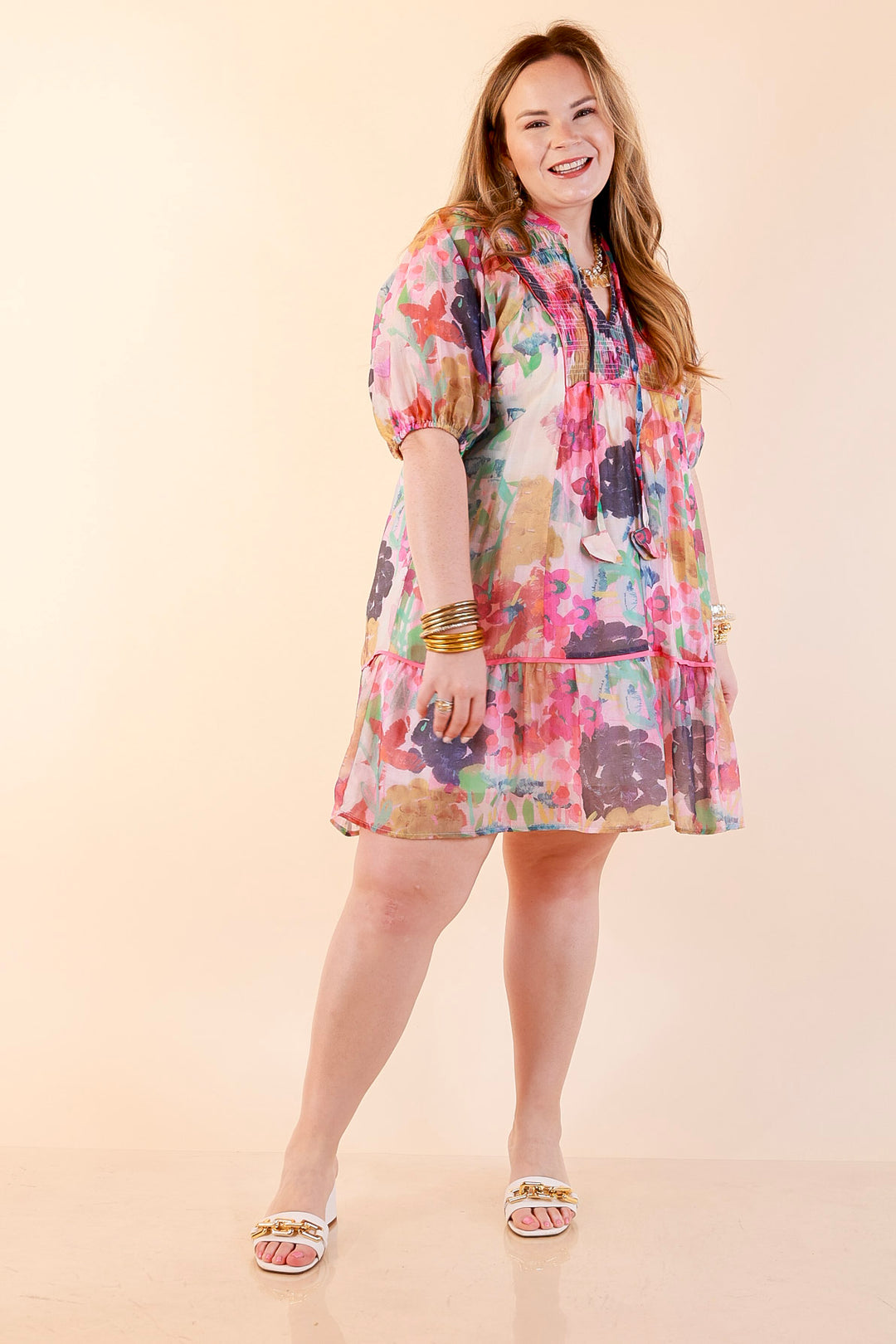 Painted Pretty Floral Print Smocked Yoke Dress with Tie Neckline and Puff Sleeves in Pink Mix