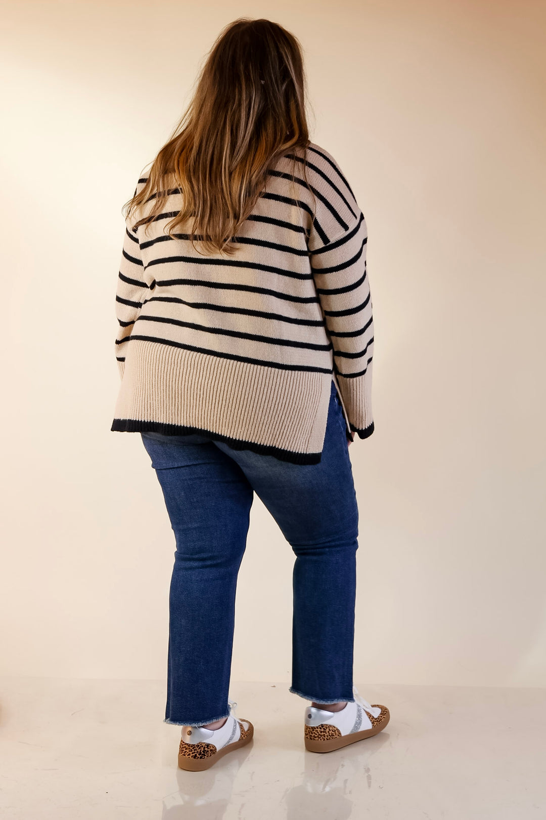 Mud Pie | Dunn Turtleneck Sweater with Black Stripes in Tan