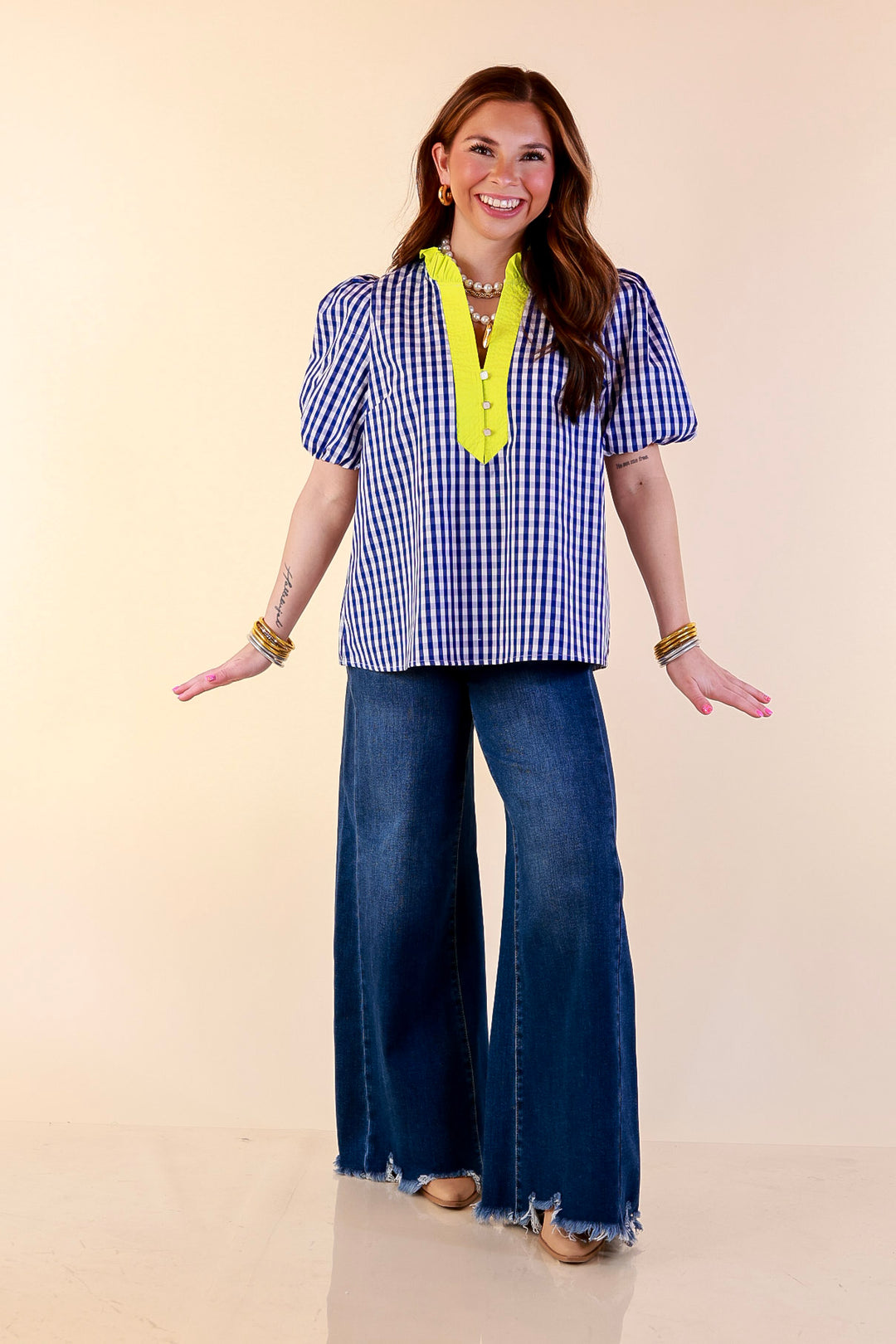 Polished &amp; Playful Short Puff Sleeve Gingham Top with Contrast Lime Green Trim in Royal Blue and White