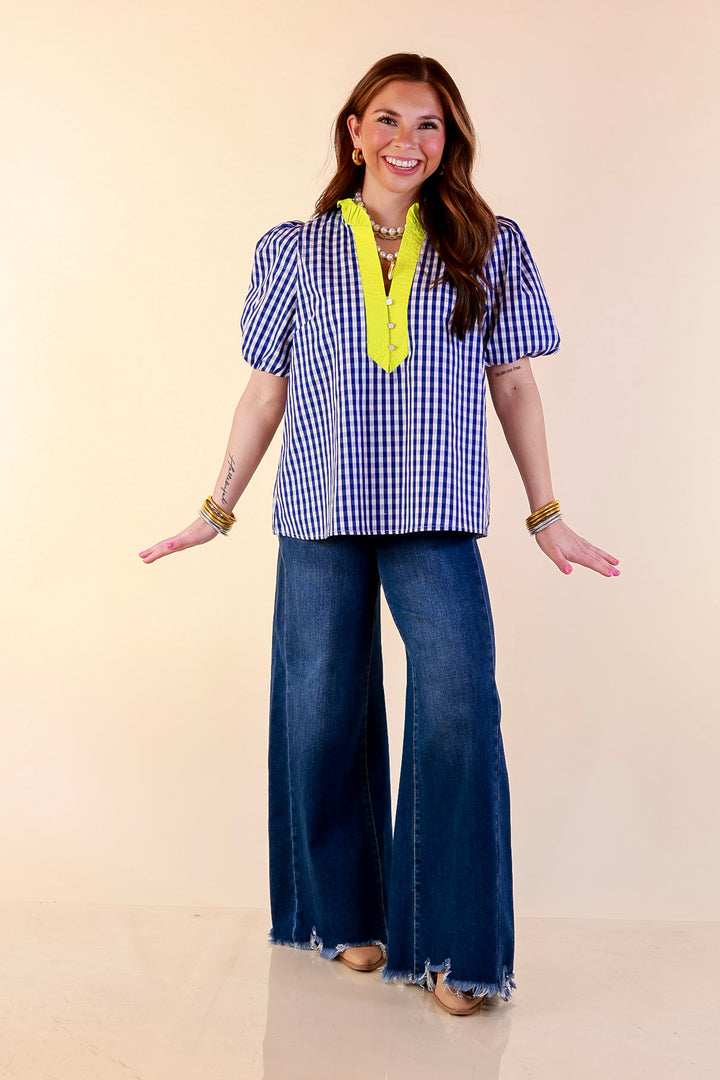 Polished &amp; Playful Short Puff Sleeve Gingham Top with Contrast Lime Green Trim in Royal Blue and White